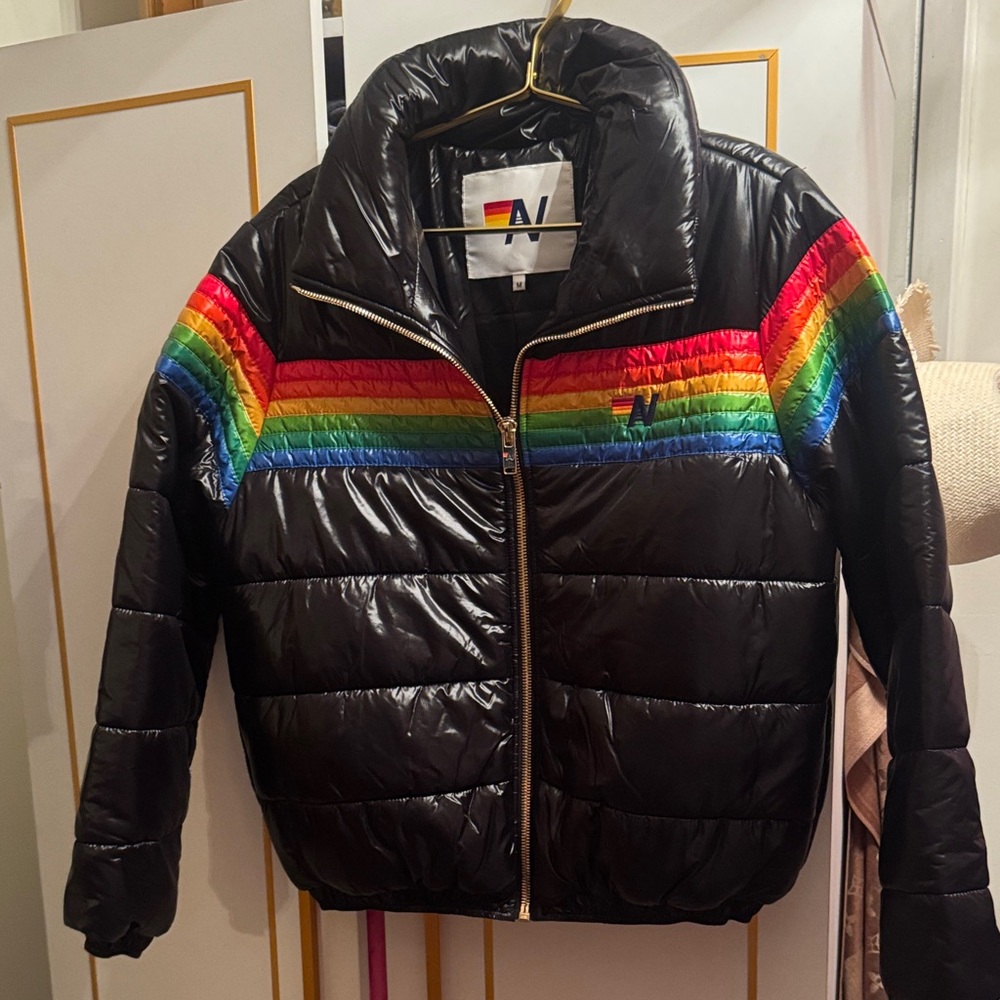 Aviator Nation Black Puffer Jacket with Rainbow Stripes